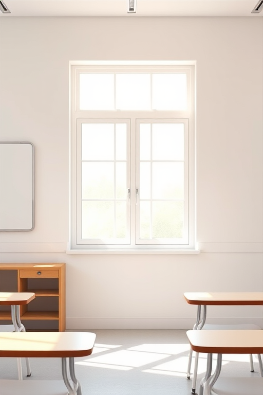 Create a high-resolution digital drawing of a minimalist classroom window with sunlight streaming through, using a Canon EOS 5D Mark IV, f/4 aperture, 50mm lens, ISO 100, in natural light.