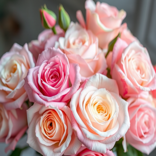 Regenerate an arrangement of pastel roses with soft hues and gentle lighting, captured with a DSLR camera, 50mm lens, f/2.8 aperture, ISO 100, natural soft light, shallow depth of field for a dreamy effect.