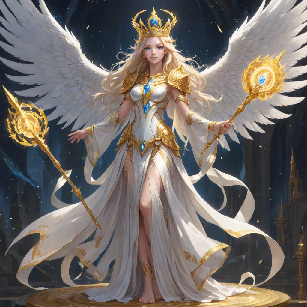 white_robes,glowing_aura,wings,halo,ethereal_presence,benevolent_smile,radiant_light,long_hair,blue_eyes,golden_crown,holding_instruments,serene_expression,floating,multicolored_wings,multiple_wings,humanoid_form,holding_scroll,shining_armor,barefoot,youthful_appearance,celestial_glow,