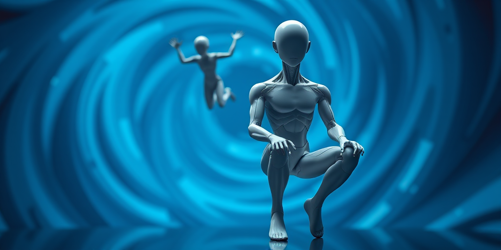 Create a high-resolution 3D render of two humanoid figures, one seated and one in mid-air, set against a swirling blue vortex background, using a Canon EOS R5 with a 24mm f/1.4 lens, aperture set to f/2.8, ISO 100, and a shallow depth of field for enhanced focus on the figures.