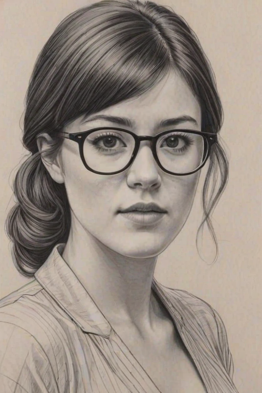 Fetching Mary Elizabeth Winstead, pencil sketch, portrait of Superb woman 1978s in glasses, hair style beatnik, outline, clear lines, fine lines, 8k