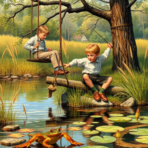 Imagine a small group of old fashioned young boys out fishing by the creek, a swing hanging from a tree branch, reeds and grasses by the water's edge, a frog sitting on a lily pad, dragonflies hovering over som water plans, a very iconic old fashioned scene reminiscent of a Norman Rockwell painting style