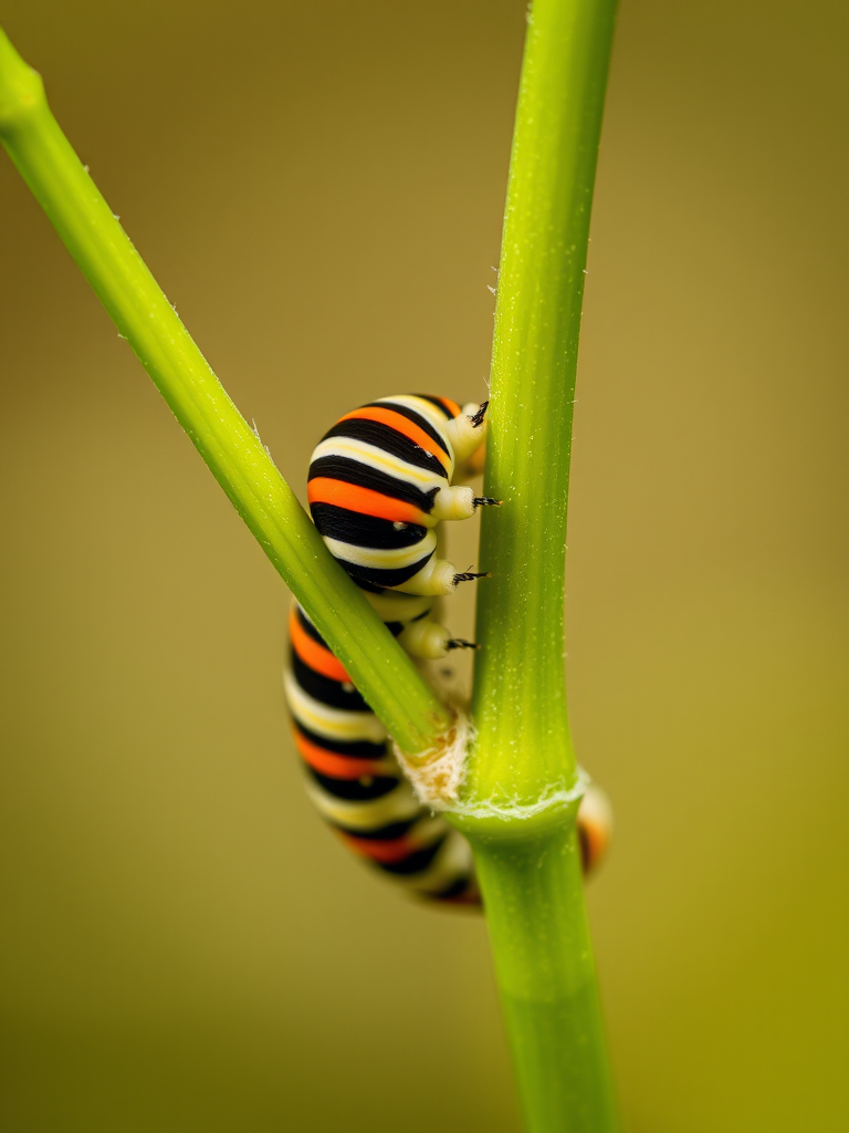 macro photograph of a vibrant striped caterpillar on a green plant stem, shallow depth of field, natural light, f/2.8 aperture, ISO 200, 100mm macro lens, captured from eye level for detailed texture and color contrast.