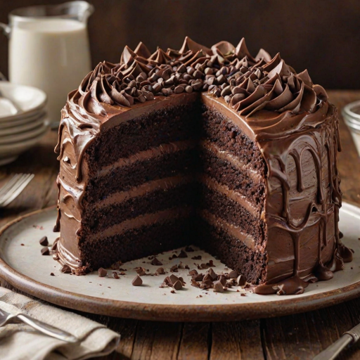 Generate an image of a decadent chocolate cake with layers of rich chocolate frosting and a creamy filling. The cake should have chocolate chips sprinkled on the sides and a slice cut out to reveal its moist texture and contrasting layers. The background should be a rustic wooden table to enhance the dessert's appeal.