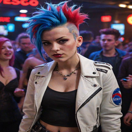 A punk rock woman with red and blue mohawk hair, white leather jacket with a Tesco Value logo patch on the arm, in a crowded night club with a neon Tesco Value logo sign and the text "nightclub" below it,  neon laser lights