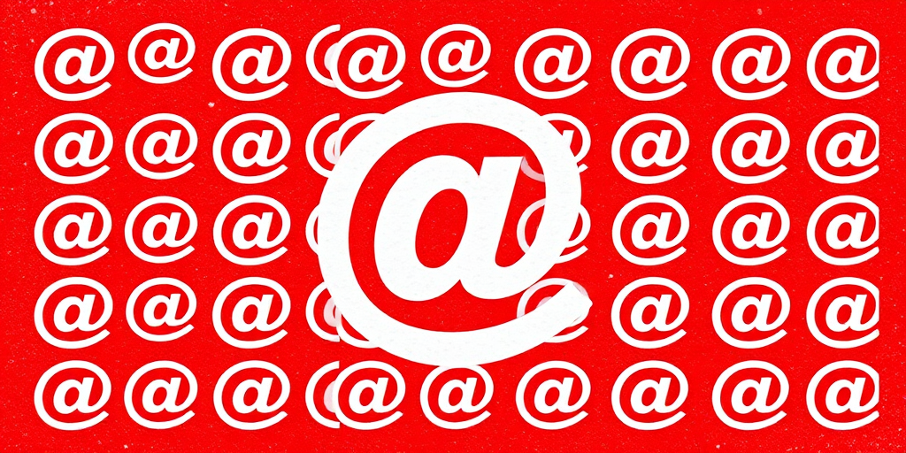 Create a vibrant red stamp design featuring a large white "@" symbol centered over a repeating pattern of smaller "@" symbols, captured with a DSLR camera, 50mm lens, f/2.8 aperture, ISO 100, in natural lighting for enhanced clarity and depth.