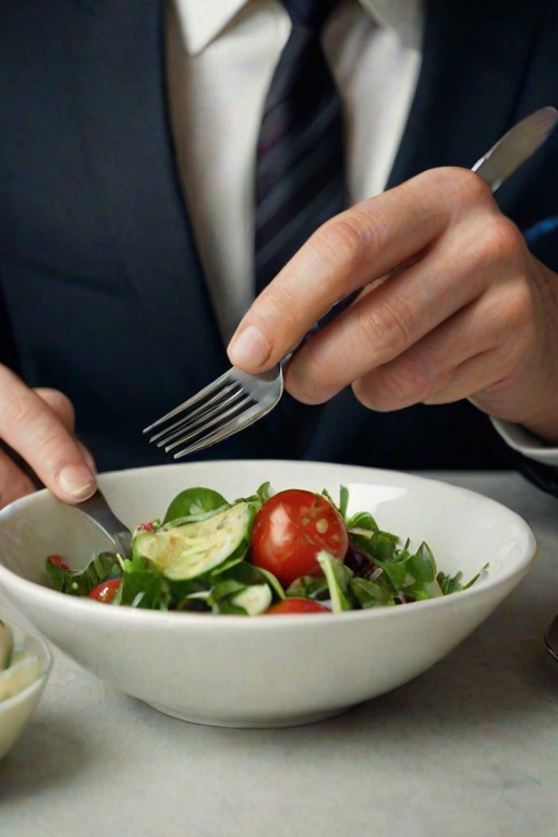 detailed edges, detailed image, perfection style, A cinematic detailed image of a man in a suit eating a salad with a fork, movie themed, sharp, detailed background, epic cinematic photography, artistic style, dramatic light style, cinematic color style, Kodak 35mm film style, detailed style, hand focus style, holding, food, table, knife, plate, realistic, spoon, fork, holding fork, food focus, vegetable, 1boy, fingernails, out of frame, photorealistic