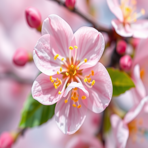 create a vibrant illustration of a cherry blossom flower with soft pink petals and yellow centers, captured with a macro lens at f/2.8 for shallow depth of field, using a DSLR camera for high resolution and vivid colors, top-down view for symmetrical composition