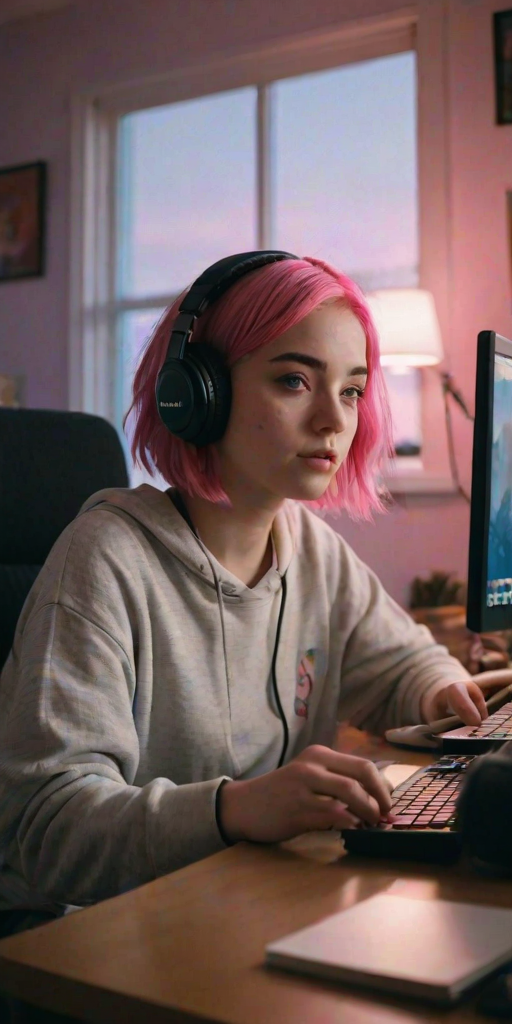 Low-resolution snapshot, indoor setting, teenage girl with short, bright pink hair, sitting at a cluttered desk, wearing oversized headphones, focused on a computer screen, soft ambient light from a small desk lamp, books and notebooks scattered around, framed family photo in the corner, open window behind her showing twilight sky.