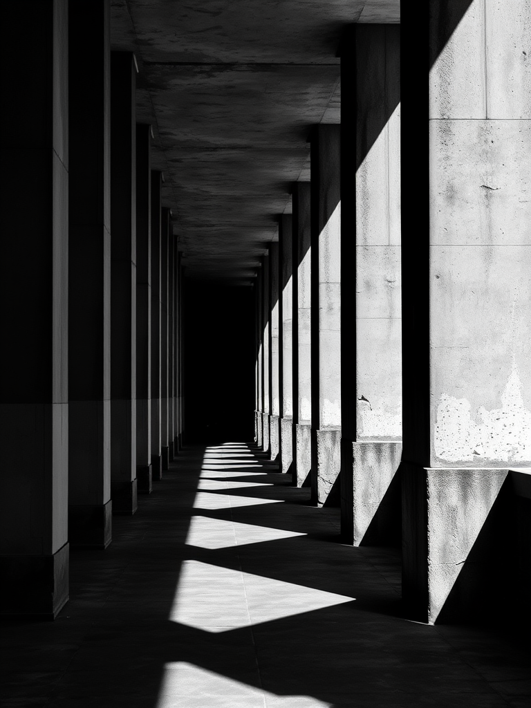 a monochrome image of a corridor lined with tall concrete columns casting long shadows on the ground, with dramatic lighting highlighting the textures and patterns of the pillars