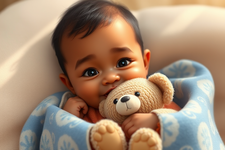 Create a digital illustration of a baby with brown skin holding a teddy bear and a blue patterned blanket, in a cozy and playful style, using a Canon EOS R5 with a 50mm f/1.2 lens at f/2.8, with soft natural lighting and a shallow depth of field for a warm, inviting atmosphere.