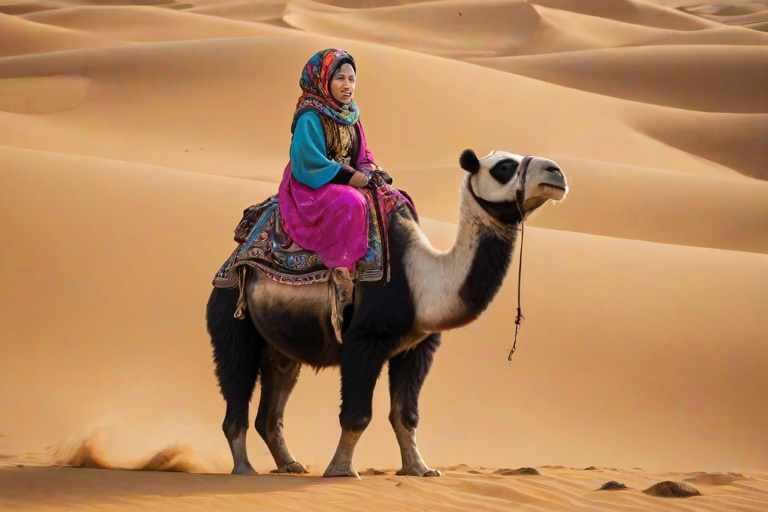 This high-resolution photograph captures a teen panda named Huahua, depicted riding a camel through a vast, sandy desert. Huahua has her distinctive black and white fur, and she is dressed in traditional desert attire, complete with a colorful headscarf and a flowing robe. The attire is detailed with intricate patterns and vibrant colors, creating a striking visual contrast against the golden sands.
