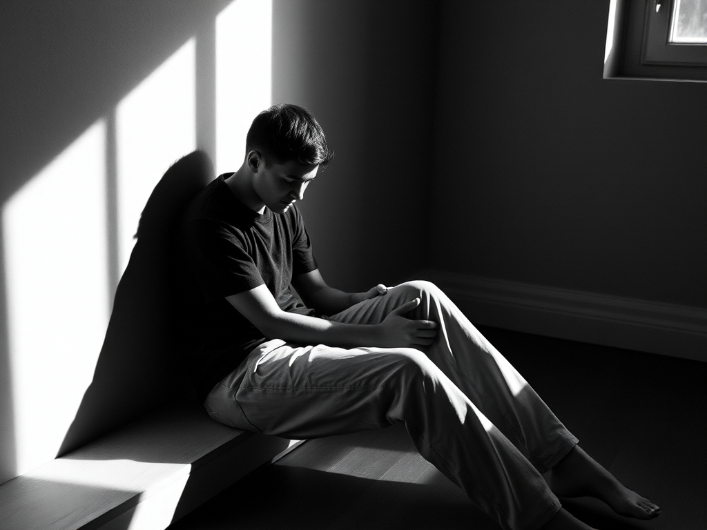 Create a black and white portrait of a person sitting against a wall with soft natural light streaming through a window casting shadows, captured with a Canon EOS R5 at f/1.8, ISO 100, 1/200s, with a shallow depth of field and a cinematic style.