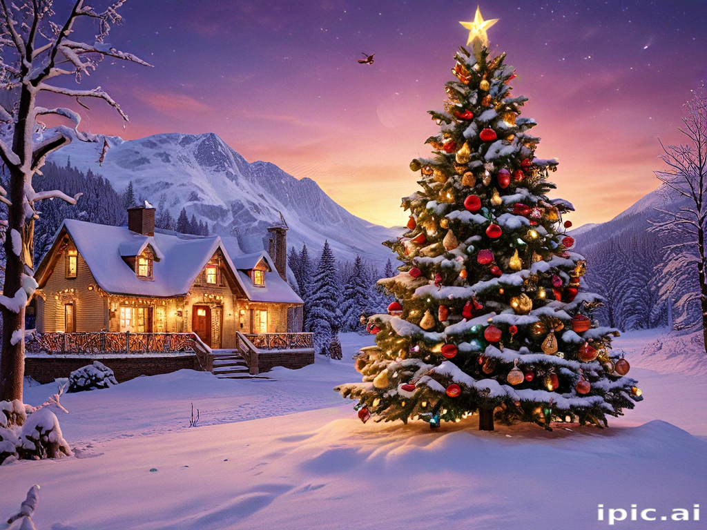 Charming Winter Scene with a Cozy Cottage and Festively Decorated ...