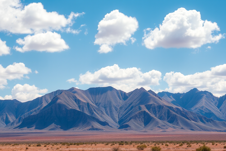 Generate a high-resolution landscape photograph of a rugged mountain range in a semi-arid environment under a bright blue sky with fluffy clouds, using a DSLR camera at 16mm focal length, f/8 aperture, ISO 100, with a wide-angle view and soft natural lighting to enhance image quality.