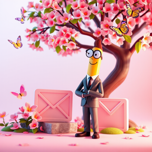 Create a vibrant 3D illustration featuring a cartoon pencil character in a business suit standing next to a blooming tree and an email symbol, surrounded by colorful butterflies and soft pink lighting, captured with a DSLR camera at f/2.8 aperture, 50mm lens, ISO 100, with a shallow depth of field and side lighting for enhanced texture.