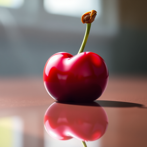 Create a high-resolution illustration of a cherry with a glossy finish on a reflective surface, using a macro lens at f/2.8 to create a shallow depth of field, from a slightly elevated angle with soft natural lighting for a vibrant color enhancement.