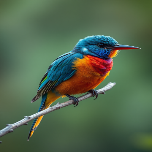 regenerate an image of a colorful bird perched on a branch, vibrant feathers with shades of blue, orange, and purple, using a Canon EOS R5, 85mm lens, f/1.8 aperture, ISO 100, natural light, focus on sharp detail and vivid colors against a softly blurred background