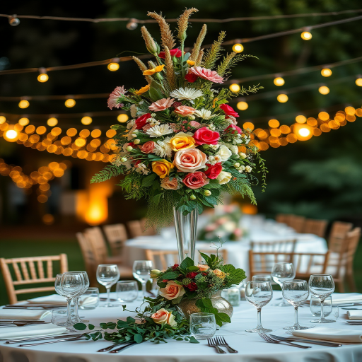 A beautifully decorated outdoor wedding reception table with a tall floral centerpiece featuring various flowers and greenery, soft romantic lighting from hanging string lights in the background, use a DSLR camera, aperture f/2.8, shutter speed 1/125s, ISO 200, view from eye level, soft focus style for a dreamy effect.