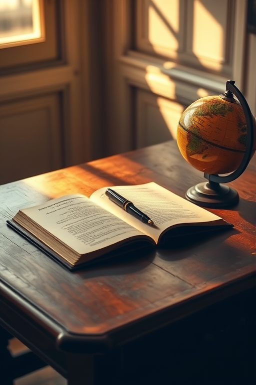 Warmly lit photo of an antique wooden desk in a softly lit room, with an open journal, fountain pen, and an old-fashioned globe softly casting shadows in the golden light.
