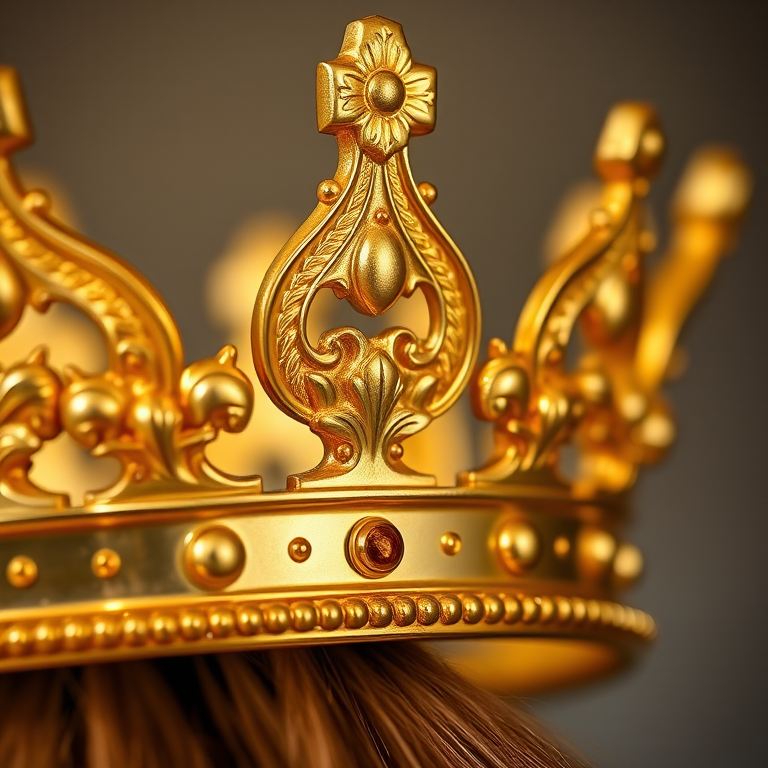 Capture a close-up of a golden crown, using a DSLR camera at f/2.8 aperture, ISO 100, shutter speed 1/100 sec, with natural lighting and a soft-focus background to enhance the richness of the gold detail.