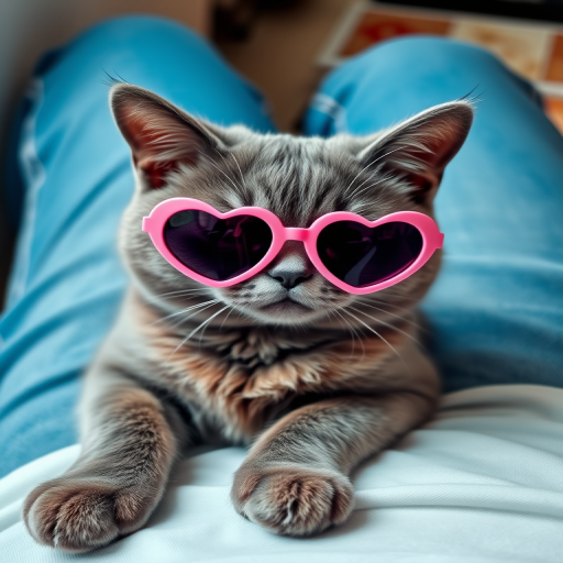 A cute gray cat wearing pink heart-shaped sunglasses sitting comfortably on a person's lap with denim jeans visible in the background. The cat appears relaxed and content, with its eyes partially closed. The setting has soft lighting, creating a cozy atmosphere.