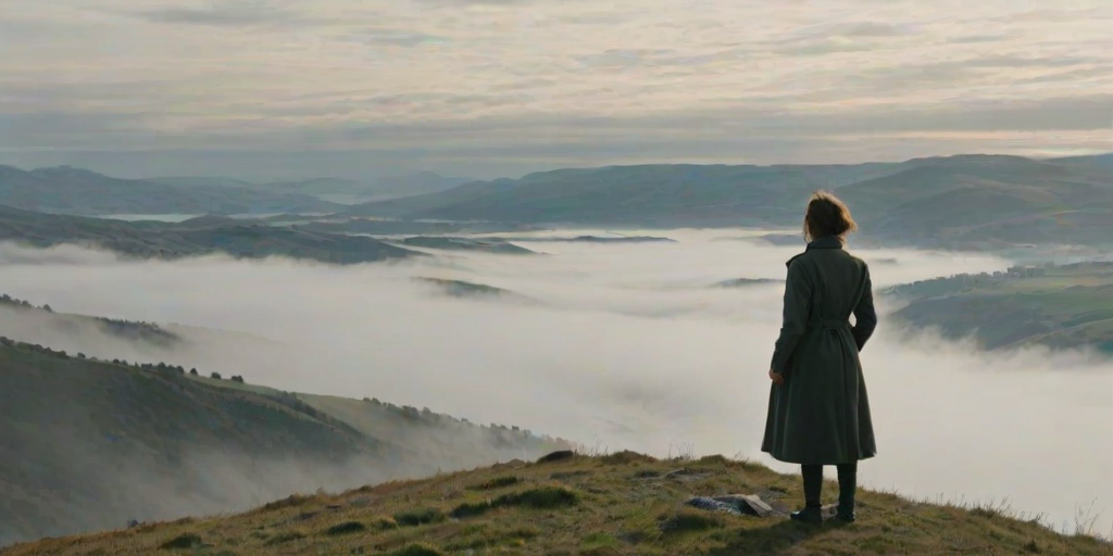 Foggy hilltop overlooking a valley, a woman stands at the edge, her coat flapping in the wind, staring at the vast expanse of land stretching out below.