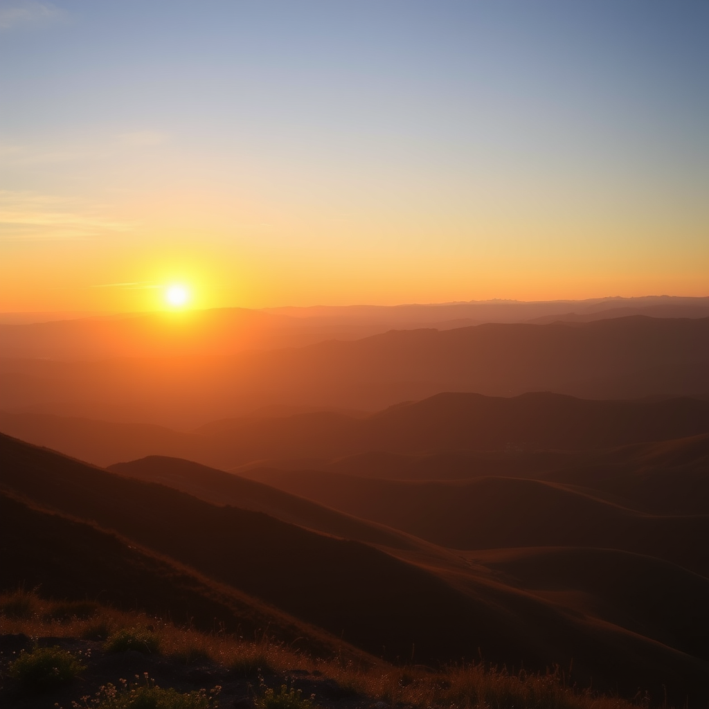 Create a high-resolution image of a serene landscape with rolling hills at sunset, soft golden light illuminating the scene, wide-angle view, f/8 aperture, ISO 100, shutter speed 1/200s, DSLR camera.