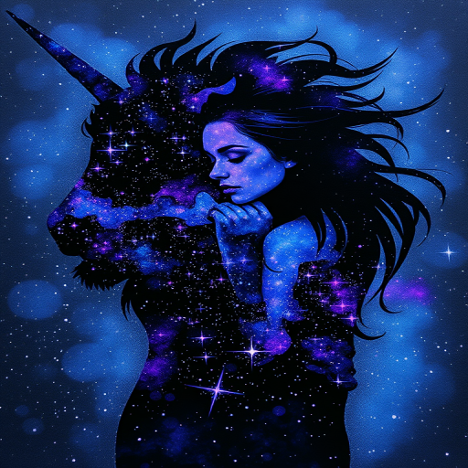 Captivating conceptual render alcohol ink art, double exposure, the paint strokes artfully merge combining a woman's full silhouette with a Unique unicorn's silhouette. The figures are composed of a series of colored dots, lines & spots that evoke the image of a cosmic galaxy, colors are deep shades of blue purple & black with flashes of white & silver representing distant stars. The woman's silhouette is formed within the lion's silhouette from constellations of scattered stars, surreal