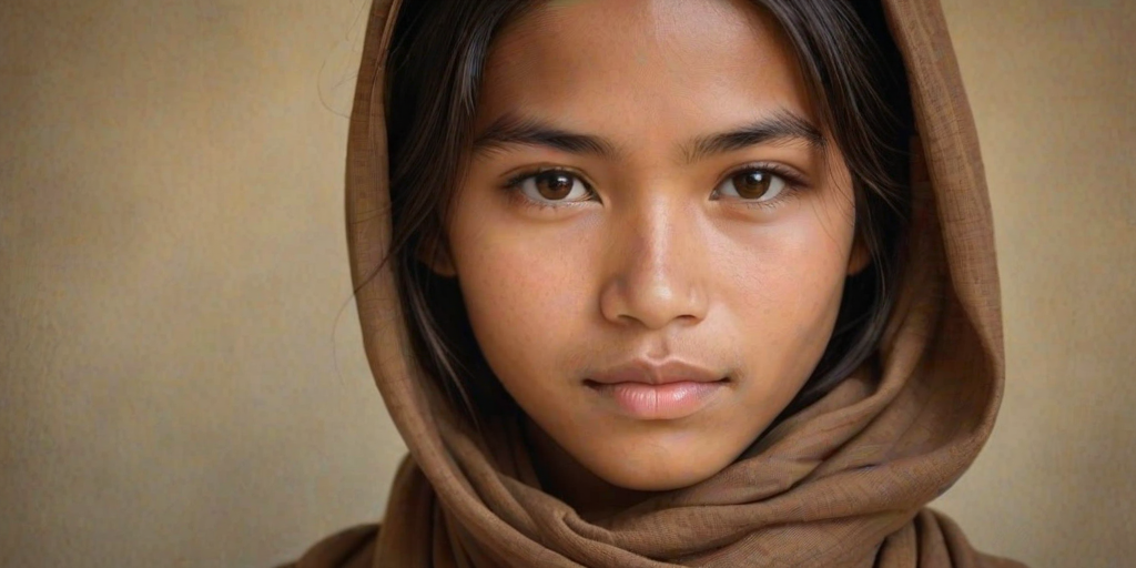 Create a portrait of a young Cambodian male with long, dark hair and captivating hazel eyes. She is wearing a brown headscarf and a matching scarf draped gracefully around her neck. The background is softly blurred, focusing attention on her serene and natural expression. The overall color palette is muted and warm, enhancing the intimate and authentic feel of the portrait.