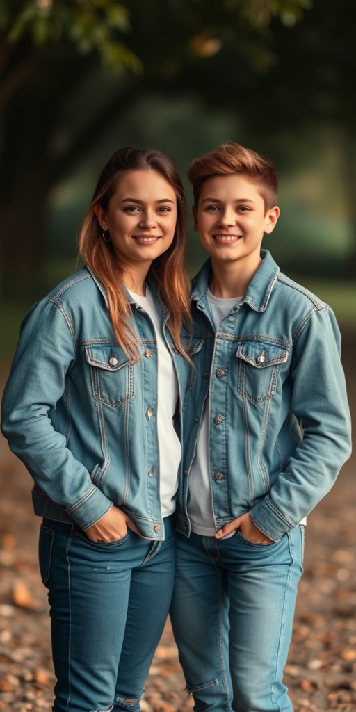 Create a portrait of a young couple wearing denim jackets and jeans, standing close together in a soft, natural light setting, captured with a Canon EOS R5, aperture f/2.8, ISO 100, 50mm lens, with a shallow depth of field for a dreamy background.