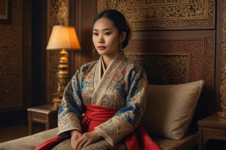 A beautiful Lao woman in traditional East Asian attire, intricately detailed with embroidered patterns, sitting gracefully in a richly decorated room, soft ambient lighting, serene and elegant, ultra-realistic, 8K resolution