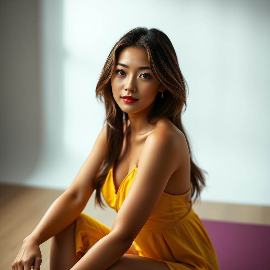 Resplendent photo of woman:Chinese:0.4, highlight hair, wearing Banana dress, sitting on Yoga mat, rim lighting, studio lighting, looking at the camera, dslr, ultra quality, sharp focus, tack sharp, dof, film grain, Fujifilm XT3, crystal clear, 8K UHD, highly detailed glossy eyes, high detailed skin, skin pores