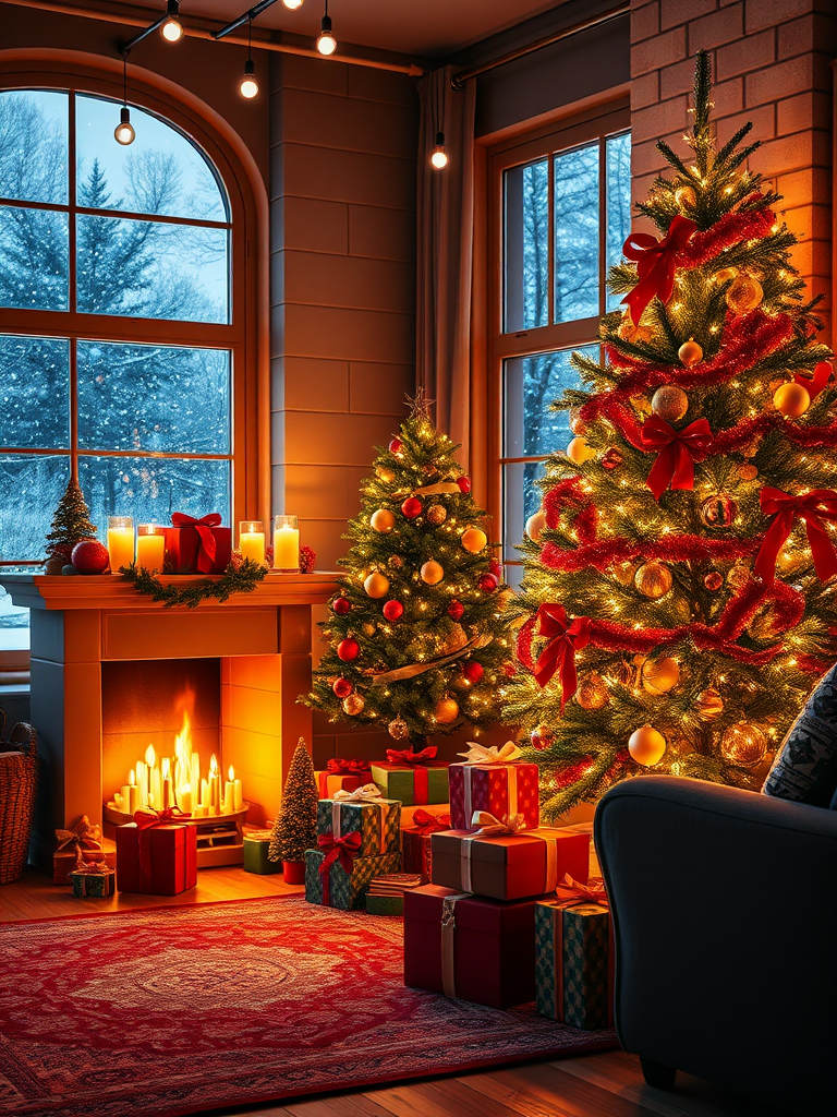 generate a cozy holiday living room scene with a decorated Christmas tree, a glowing fireplace with candles, colorful gift boxes, a large window showing falling snow, using a DSLR camera with an aperture of f/4, ISO 100, 24mm lens, and a bright, vibrant color style.