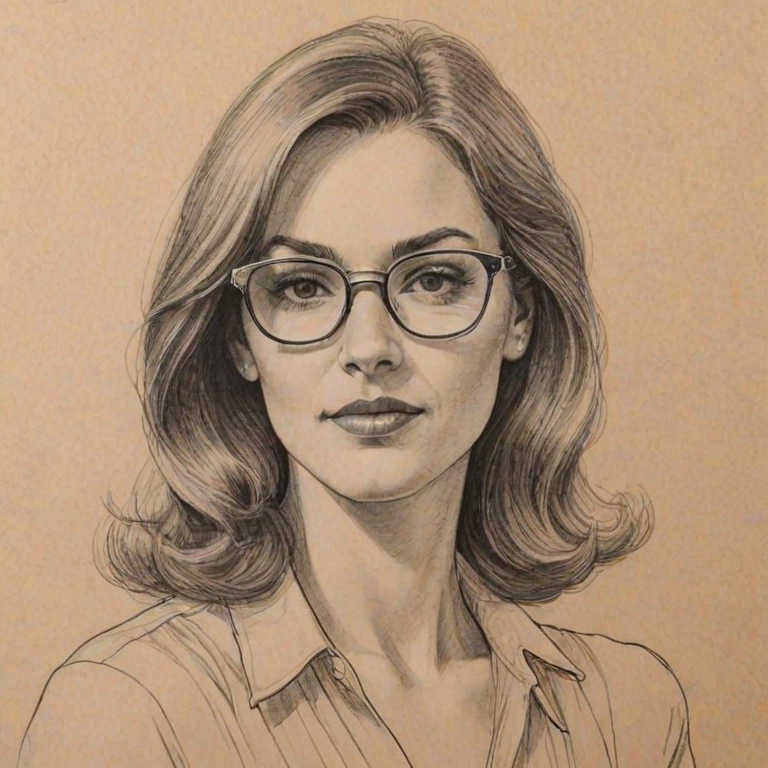Enticing Hattie Winston, pencil sketch, portrait of Enchanting woman 1975s in glasses, hair style beatnik, outline, clear lines, fine lines, 8k