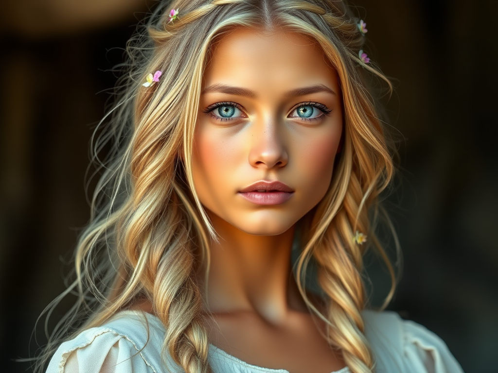 Create an image of a young Indian woman with long, wavy blonde hair, adorned with small, colorful flowers woven into her braids and loose strands. Her complexion is fair, with soft, glowing skin, and she has light blue eyes that gaze softly at the viewer. She wears a light, flowing dress with a gentle, ethereal quality, complementing her delicate and serene appearance. The background is slightly blurred, drawing focus to her tranquil expression and the intricate details of the flowers in her hair. The overall mood of the image is one of natural beauty and grace, evoking a sense of peacefulness and connection with nature.
