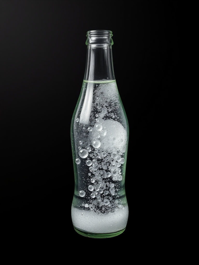 Create a high-resolution image of a glass soda bottle with bubbles, using a DSLR camera at f/2.8 aperture, ISO 200, 50mm lens, top-down view, in a minimalist style with high contrast on a black background.