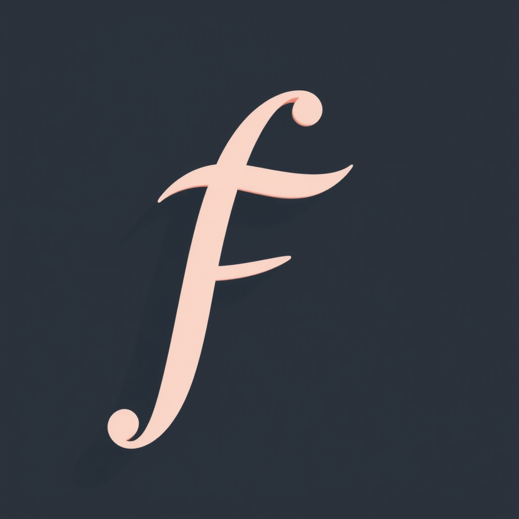 Create a high-resolution image of a stylized letter "f" with a smooth, elegant design, using a DSLR camera at f/2.8 aperture, 50mm lens, ISO 100, and soft natural lighting.