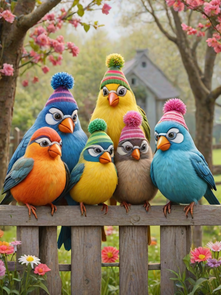 create a scene of 4 quirky  whimsical colourful comical birds each with a funny expression. they are sat on a wooden fence with colourful flowers. they are all different sizes. each one is a different colour  one is wearing a woolly hat. Each one has a different quirky google expression and there is a muted background of trees watercolour paintierly style high definition 8k resolution 3D paper mache