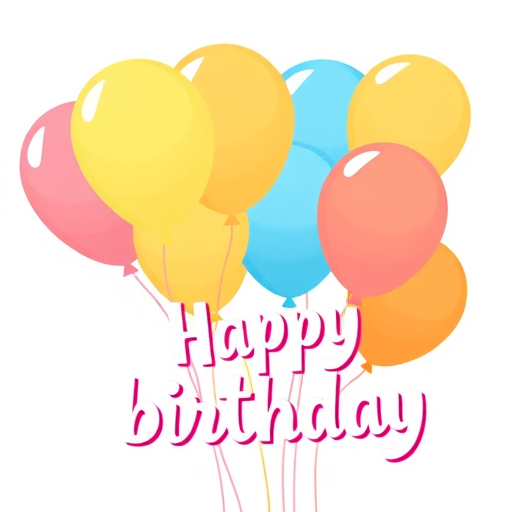 Create a colorful illustration of birthday balloons in various pastel shades including pink yellow blue and orange with a festive text that says happy birthday in playful typography alongside the balloons