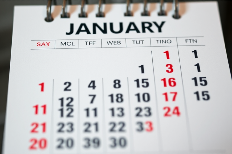 Create a high-resolution image of a calendar for January with clear, bold numbers and a modern design, using a digital camera with a focal length of 50mm, aperture set to f/2.8, ISO 100, captured from eye level, with a bright lighting setup for enhanced clarity.