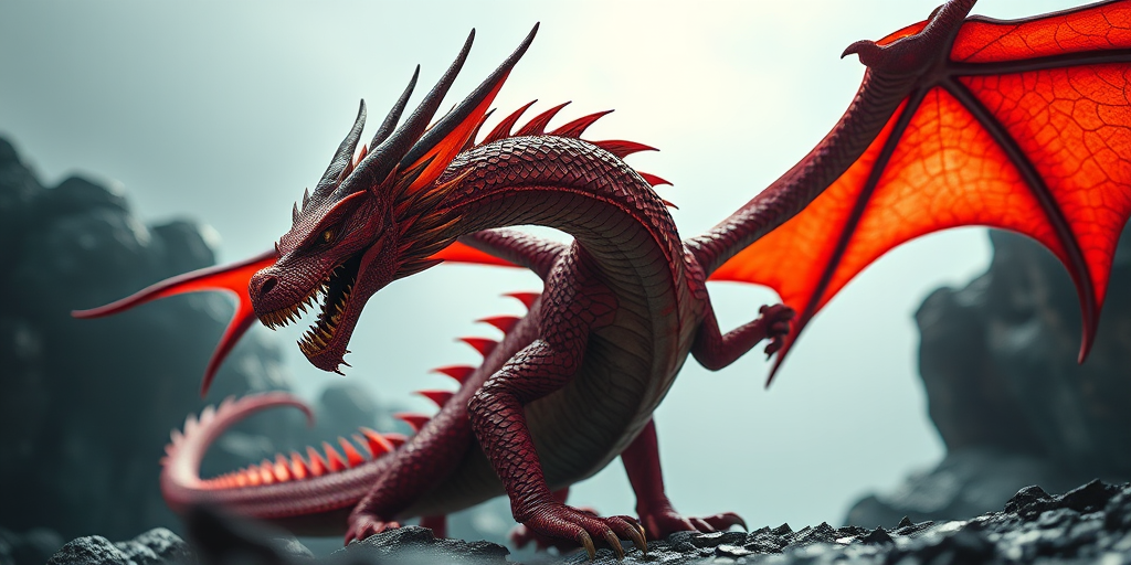 Create a highly detailed image of a majestic red dragon in a dynamic pose, captured with a DSLR camera at f/8 aperture, ISO 100, 24mm focal length, using a low-angle view and dramatic lighting to accentuate the scales and texture of the dragon's body.
