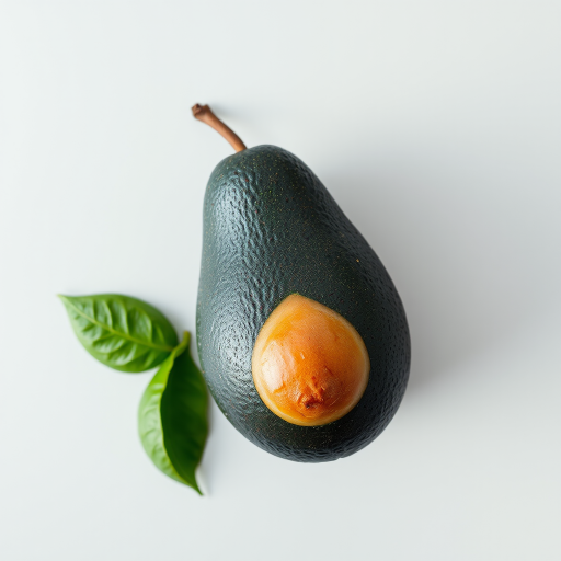 avocado on a plain background, 50mm lens, aperture f/2.8, ISO 100, 1/200s, soft diffused lighting, top-down shot, high-resolution image