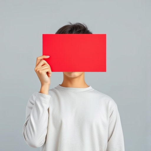 Create a digital illustration of a person holding a bright red rectangular sign in front of their face, with a plain light gray background, using a Canon EOS R5 with a 50mm lens, f/2.8 aperture, shooting in natural light for a soft appearance.