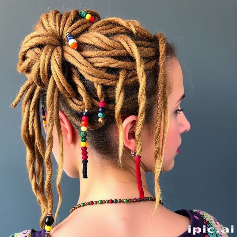 Bohemian-inspired dirty blonde dreadlocks adorned with colorful threads and beads, styled in a half-up bun for a free-spirited and artistic look