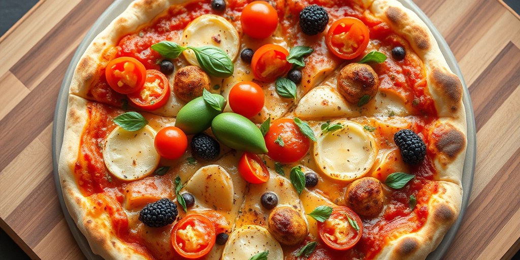 Regenerate a vibrant image of a freshly baked pizza topped with colorful vegetables and herbs, using a Canon EOS 5D Mark IV camera with a 50mm f/1.8 lens, at f/4 aperture, ISO 100, 1/125 sec shutter speed, taken from a top-down view in a natural light setting to enhance colors and details.