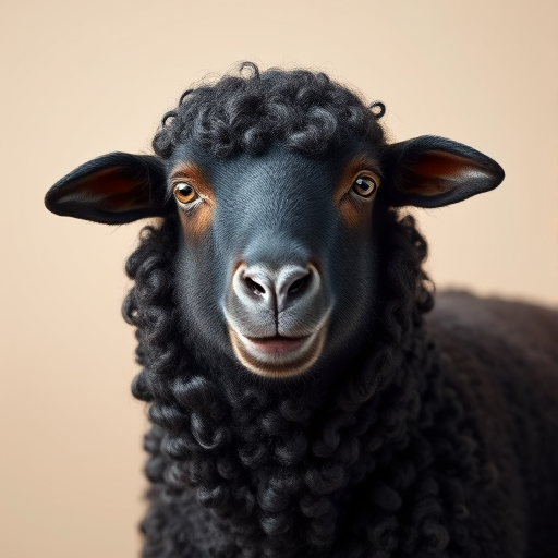 Regenerate an image of a smiling black sheep with curly wool, positioned against a soft neutral background, using a DSLR camera, f/2.8 aperture, 50mm lens, ISO 100, in portrait orientation, capturing the details of the wool and the sheep's expression with vibrant colors and sharp focus.