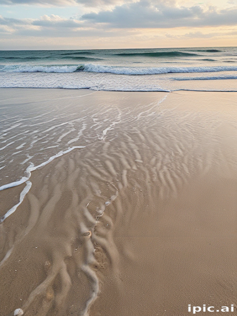 Tranquil Beach Scene at Sunset with Gentle Waves and Soft Sand Patterns
