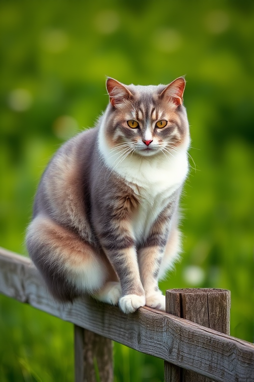A detailed shot of a gray and white cat sitting on a wooden fence in a lush green field, using a DSLR camera with 50mm lens, aperture f/1.8, ISO 200, natural light, capturing soft background blur and vibrant colors.