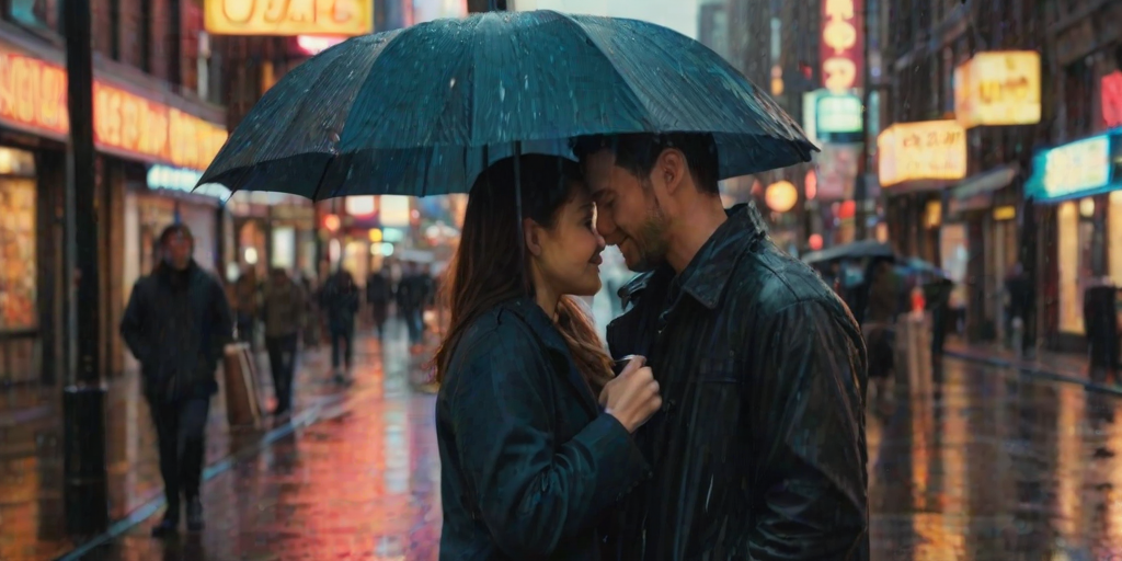 Blurry, candid photo of a couple sharing an umbrella in a bustling city street, soft glow from neon signs reflecting on the wet pavement, the sound of raindrops hitting the ground, and the warmth of shared intimacy.